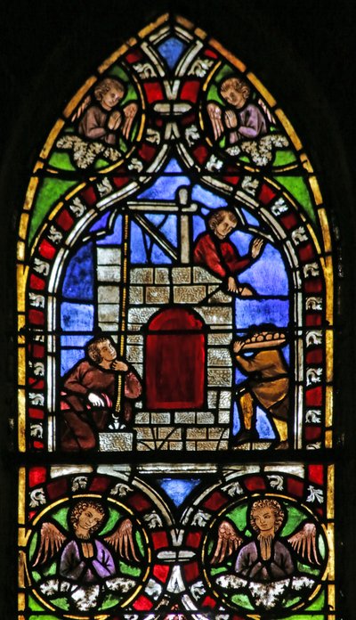 Okno przedstawiające budowę wieży Babel, ok.1325 autorstwa French School